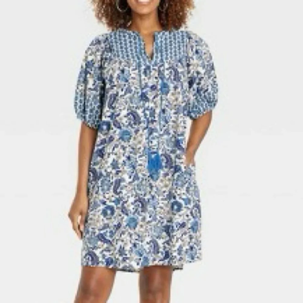 Retro Puff Sleeve Blue Bohemian Floral Tassel Tie Dress - Picture 2 of 16